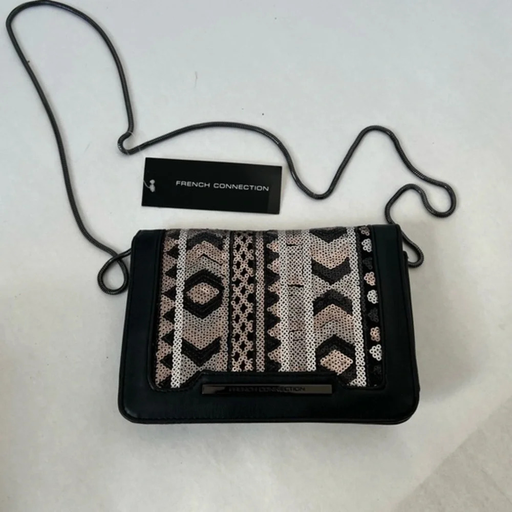 French Connection Chain Sequins Black Silver Crossbody Bag Clutch Purse